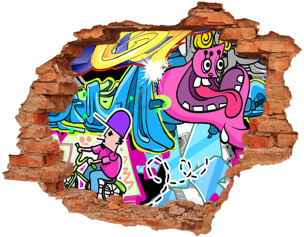Vinyl muursticker 3D breekeffect Een kleurrijke muurschildering met figuren en graffiti.