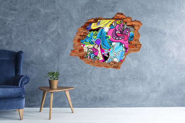 Vinyl muursticker 3D breekeffect Een kleurrijke muurschildering met figuren en graffiti.