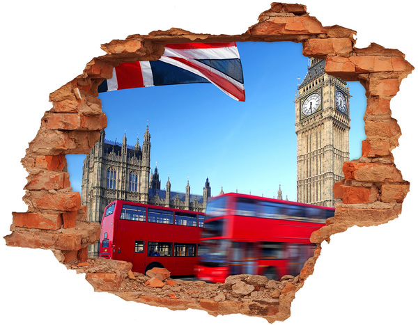Grote 3D muursticker gat in de muur De skyline van Londen met een rode bus.