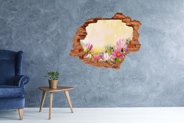 Vinyl muursticker 3D breekeffect Een bloemenlandschap achter een gat in de muur.