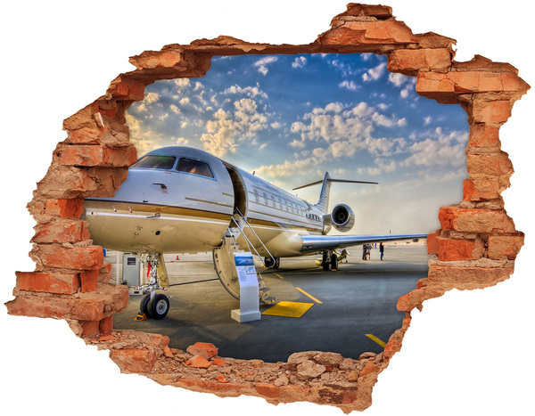 Grote 3D muursticker gat in de muur Luxe privéjet op de luchthaven