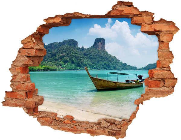 Grote 3D muursticker gat in de muur Paradijselijk strand met een boot