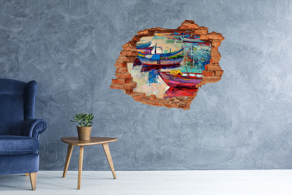 Grote 3D muursticker gat in de muur Schilderachtige boten op het water