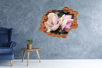 Vinyl muursticker 3D breekeffect Magnoliabloemen door een gat in de muur