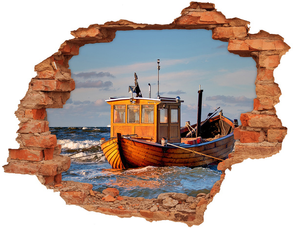 Grote 3D muursticker gat in de muur Een baai met een vissersboot