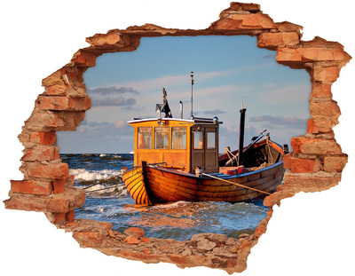 Grote 3D muursticker gat in de muur Een baai met een vissersboot