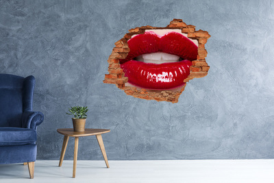 Vinyl muursticker 3D breekeffect Rode lippen in een gat in de muur