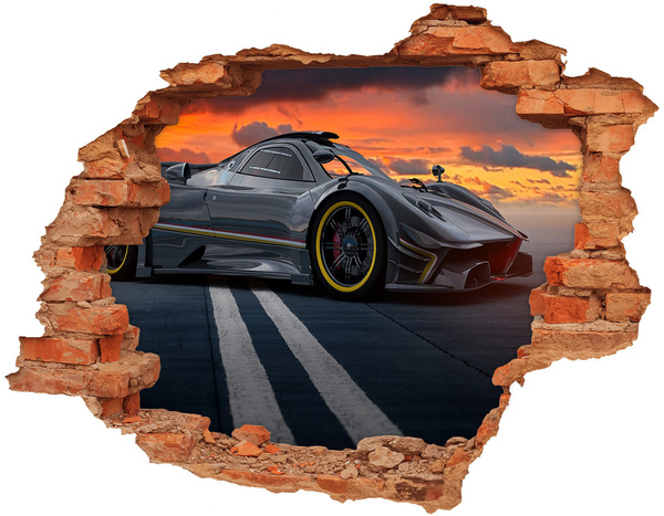 Vinyl muursticker 3D breekeffect Een raceauto op het circuit.