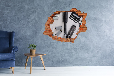 Vinyl muursticker 3D breekeffect Kappersaccessoires in een klein winkeltje.