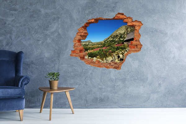Vinyl muursticker 3D breekeffect Berglandschap in een gat in de muur