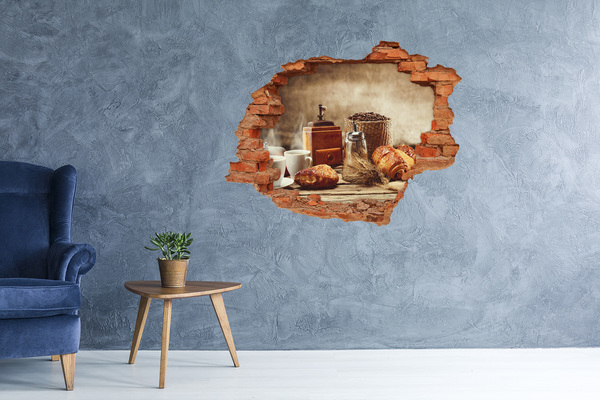 Grote 3D muursticker gat in de muur Koffie en vers brood in de ochtend