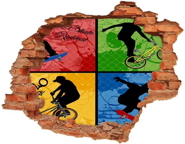Grote 3D muursticker gat in de muur Skateboarden in actie
