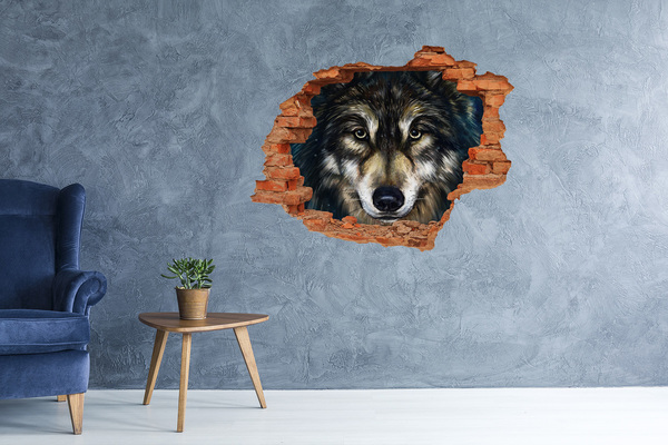 Vinyl muursticker 3D breekeffect Wolfs blik door de muur