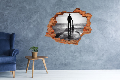 Grote 3D muursticker gat in de muur Muzikant op de pier