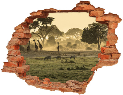 naklejka fototapeta 3D Afrykańska savanna z żyrafami i zebrą