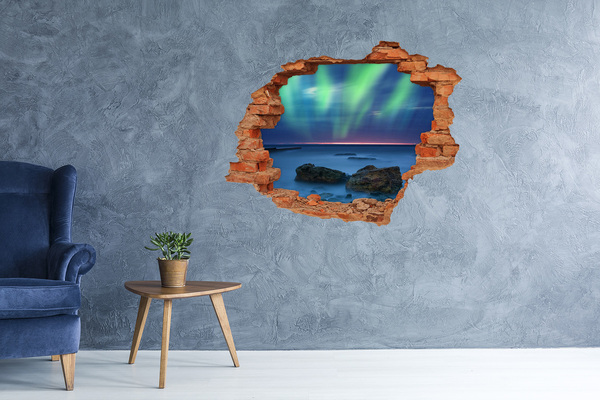 Grote 3D muursticker gat in de muur Aurora Borealis boven de oceaan