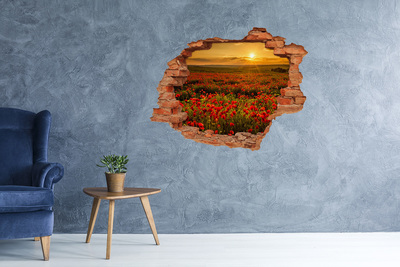Vinyl muursticker 3D breekeffect Bloemenlandschap bij zonsondergang