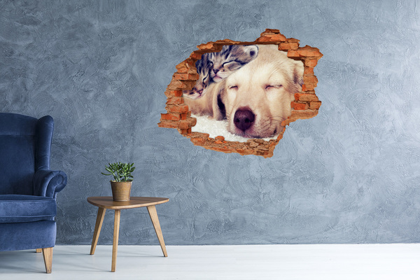 Vinyl muursticker 3D breekeffect Schattige hond in een gat in de muur