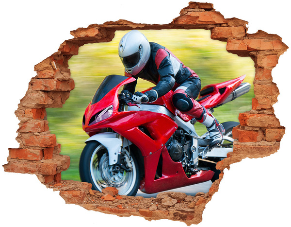 Grote 3D muursticker gat in de muur Motorfiets in actie