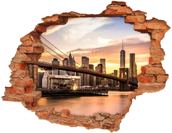 Grote 3D muursticker gat in de muur Brooklyn Bridge bij zonsondergang