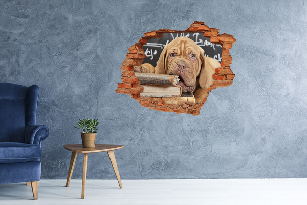 Grote 3D muursticker gat in de muur Een lief puppy tussen de boeken
