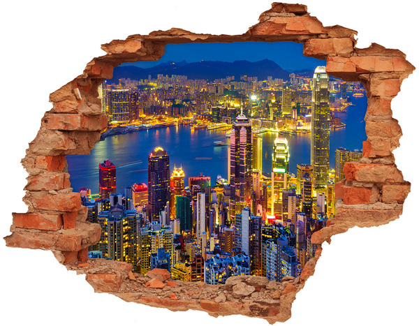 Vinyl muursticker 3D breekeffect Uitzicht op Hongkong 's nachts