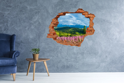 Vinyl muursticker 3D breekeffect Berglandschap met bloemen