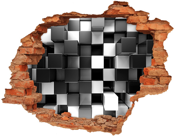 Grote 3D muursticker gat in de muur Zwart-witte kubussen in de muur