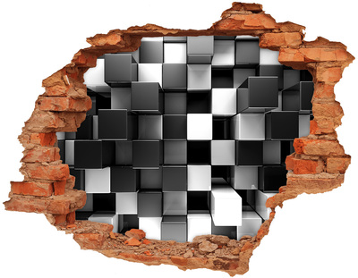 Grote 3D muursticker gat in de muur Zwart-witte kubussen in de muur