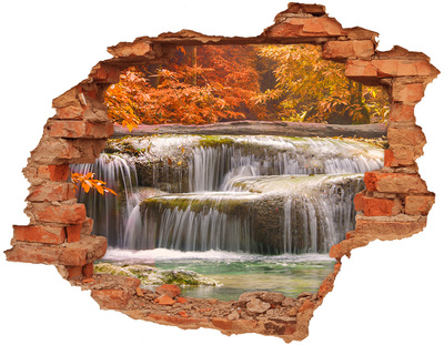 Grote 3D muursticker gat in de muur Waterval in een herfstlandschap