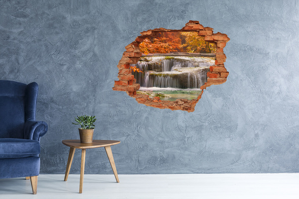 Grote 3D muursticker gat in de muur Waterval in een herfstlandschap