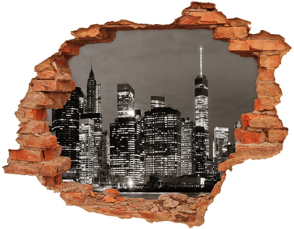 Grote 3D muursticker gat in de muur De skyline van New York 's nachts
