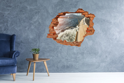 Grote 3D muursticker gat in de muur Vaar over een stormachtige zee