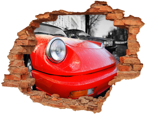 Vinyl muursticker 3D breekeffect Rode sportwagen achter het gat in de muur