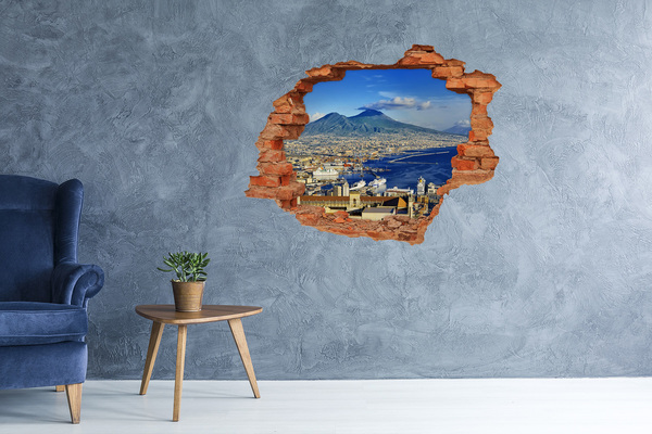 Grote 3D muursticker gat in de muur Uitzicht op Napels met de Vesuvius op de achtergrond.