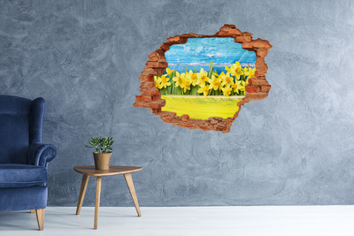 Grote 3D muursticker gat in de muur Een bloemenparadijs achter de muur.