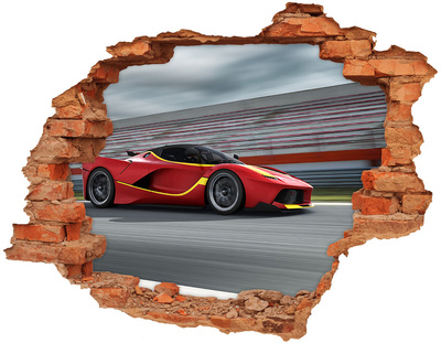 Vinyl muursticker 3D breekeffect Een raceauto op het circuit.