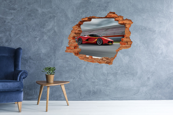 Vinyl muursticker 3D breekeffect Een raceauto op het circuit.