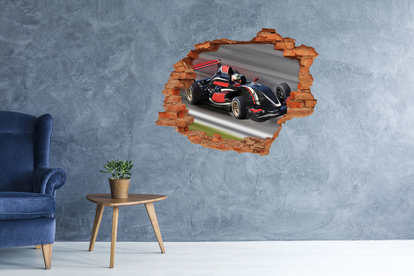 Vinyl muursticker 3D breekeffect Een raceauto op het circuit.