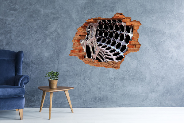 Vinyl muursticker 3D breekeffect Metalen gaas door een gat in de muur