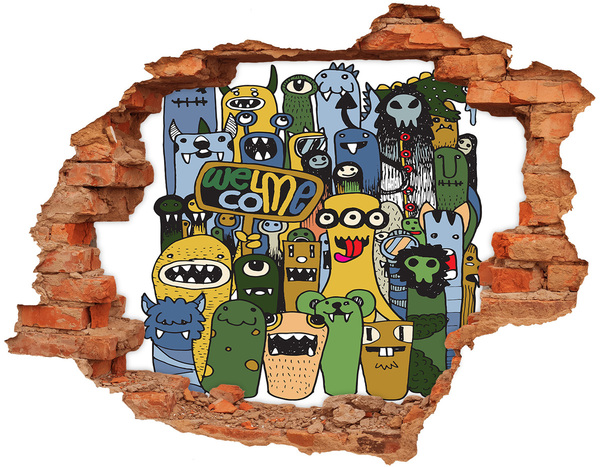 Grote 3D muursticker gat in de muur Kleurrijke monsters in een gat in de muur