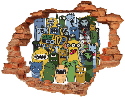 Grote 3D muursticker gat in de muur Kleurrijke monsters in een gat in de muur
