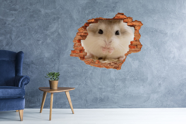 Vinyl muursticker 3D breekeffect Hamster in een gat in de muur