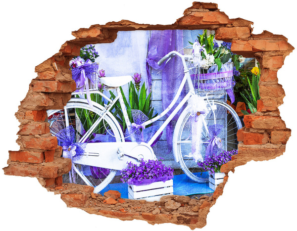 Vinyl muursticker 3D breekeffect Een fiets in een bloemrijke omgeving.