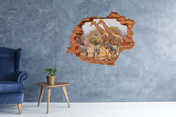 Grote 3D muursticker gat in de muur Een verwoeste muur met een gele auto.