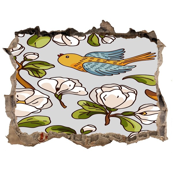 Dziura 3d fototapeta naklejka Kwiatowy raj z ptakiem