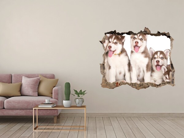 Zelfklevende 3D wandsticker illusie Huskypuppy's achter een gat in de muur