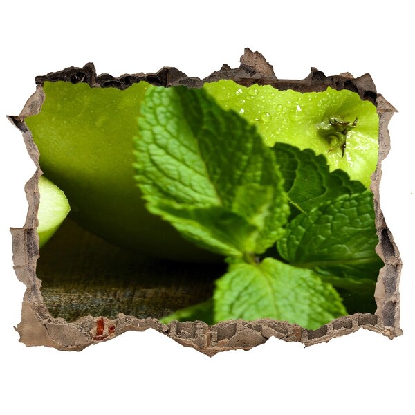 Wandsticker 3D gat met uitzicht Groene appel met munt
