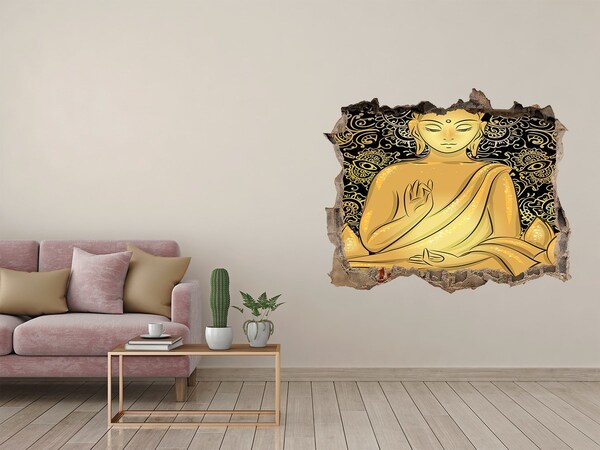 Zelfklevende muursticker 3D gat Gouden Boeddha omringd door een mandala
