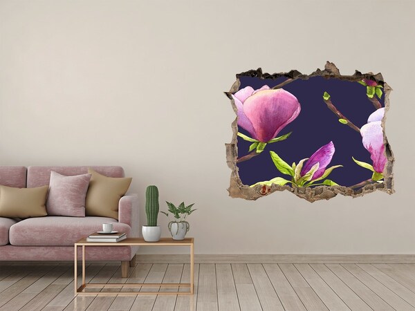 Zelfklevende 3D wandsticker illusie Magnoliabloemen door een gat in de muur